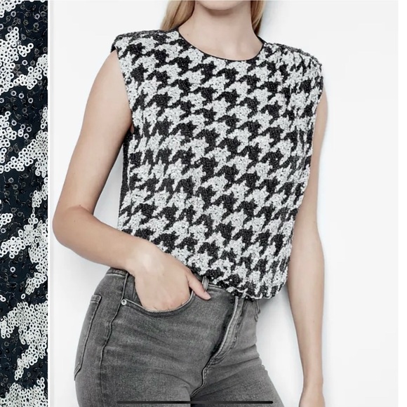 EXPRESS Houndstooth Sequin Embellished Top Crop Cap Sleeve Elasticized Waist - Picture 9 of 12